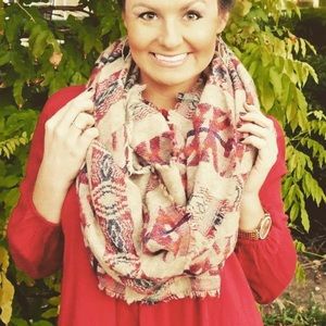 Tasha Polizzi Red and Beige Patterned Scarf